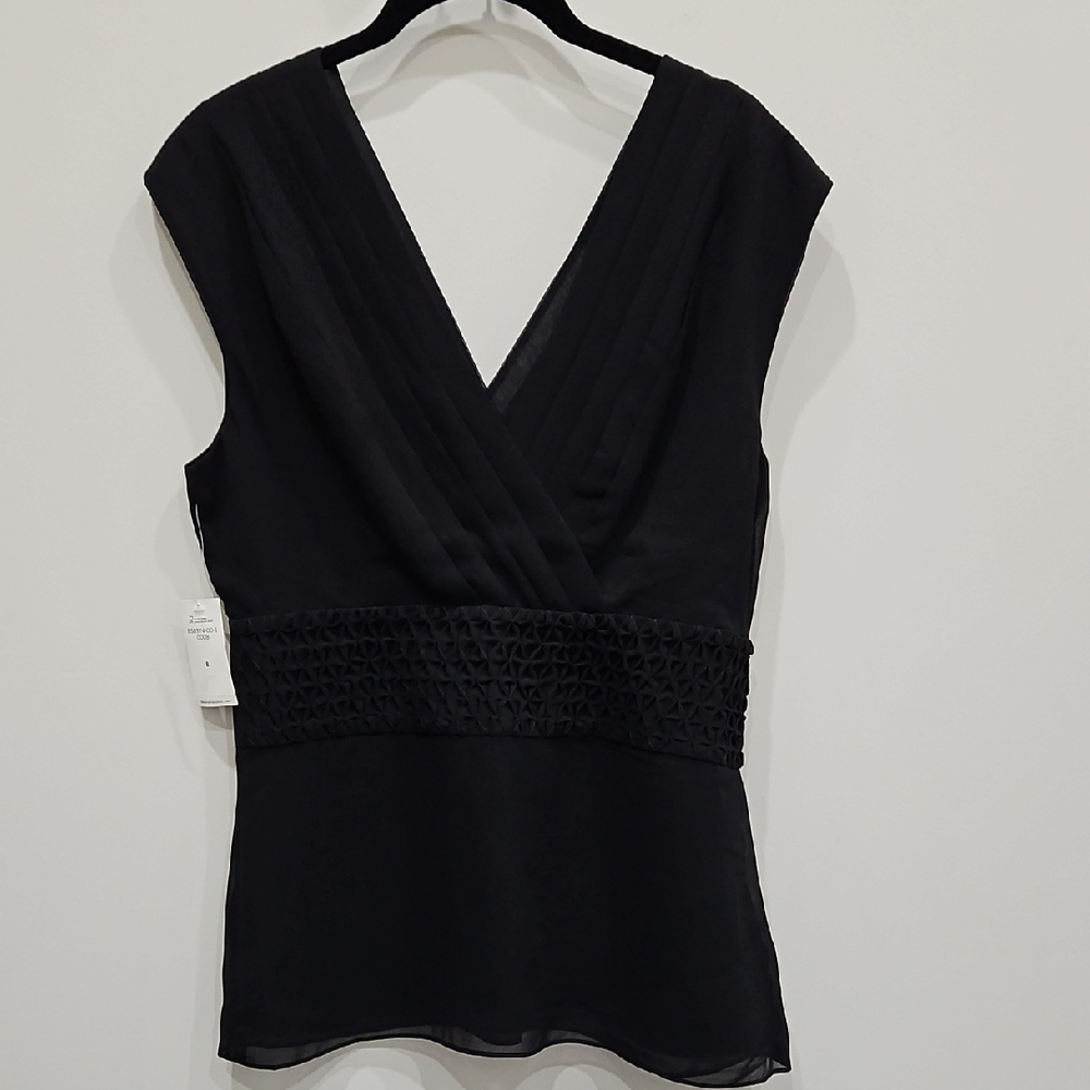 Black Sleeveless Wrap Blouse with Smocked Waist